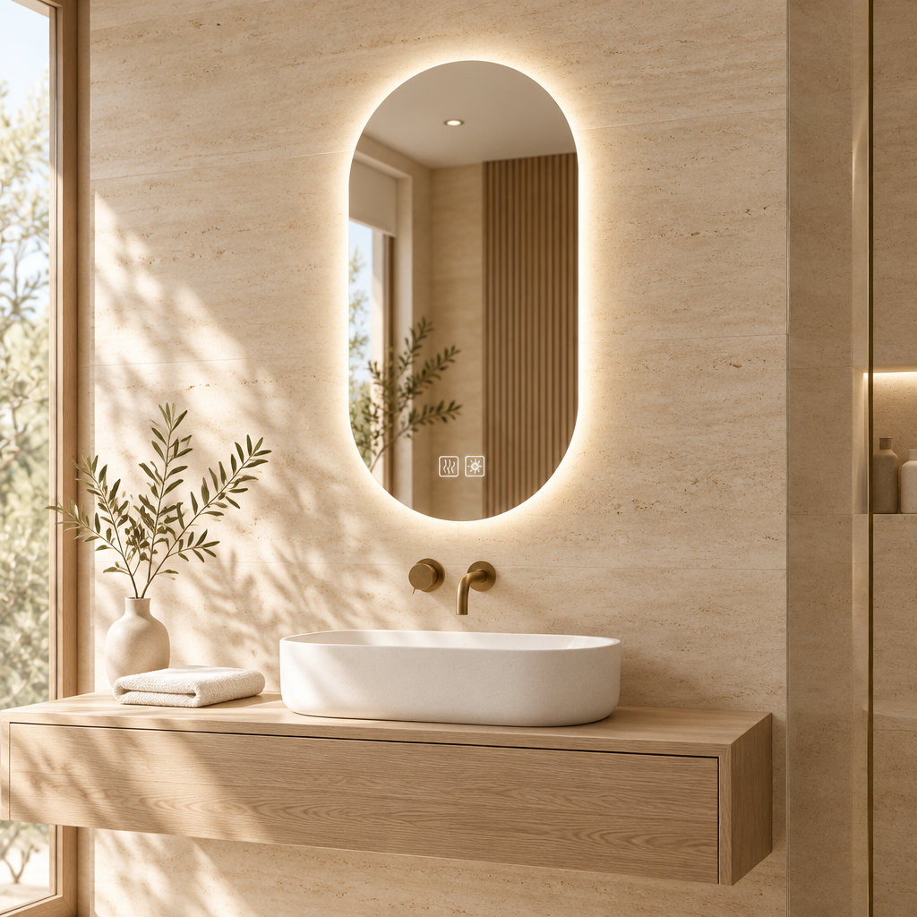 Miroir ELVÉA ONE dans une salle de bain lumineuse et élégante